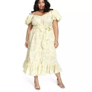 LoveShackFancy Women's Yellow Floral Ines Puff Sleeve Ruffle Maxi Dress Size 16